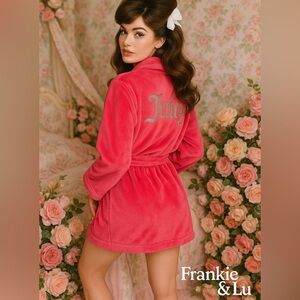 Juicy Couture Pink Plush Robe NWT Rhinestone Logo Sequin Back Size S/M